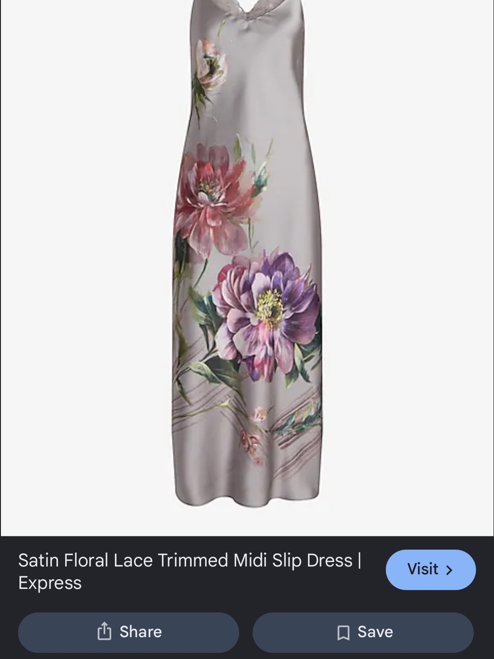 Express Satin Floral Lace-Trim Midi Dress in Gray with Pink & Purple Blooms